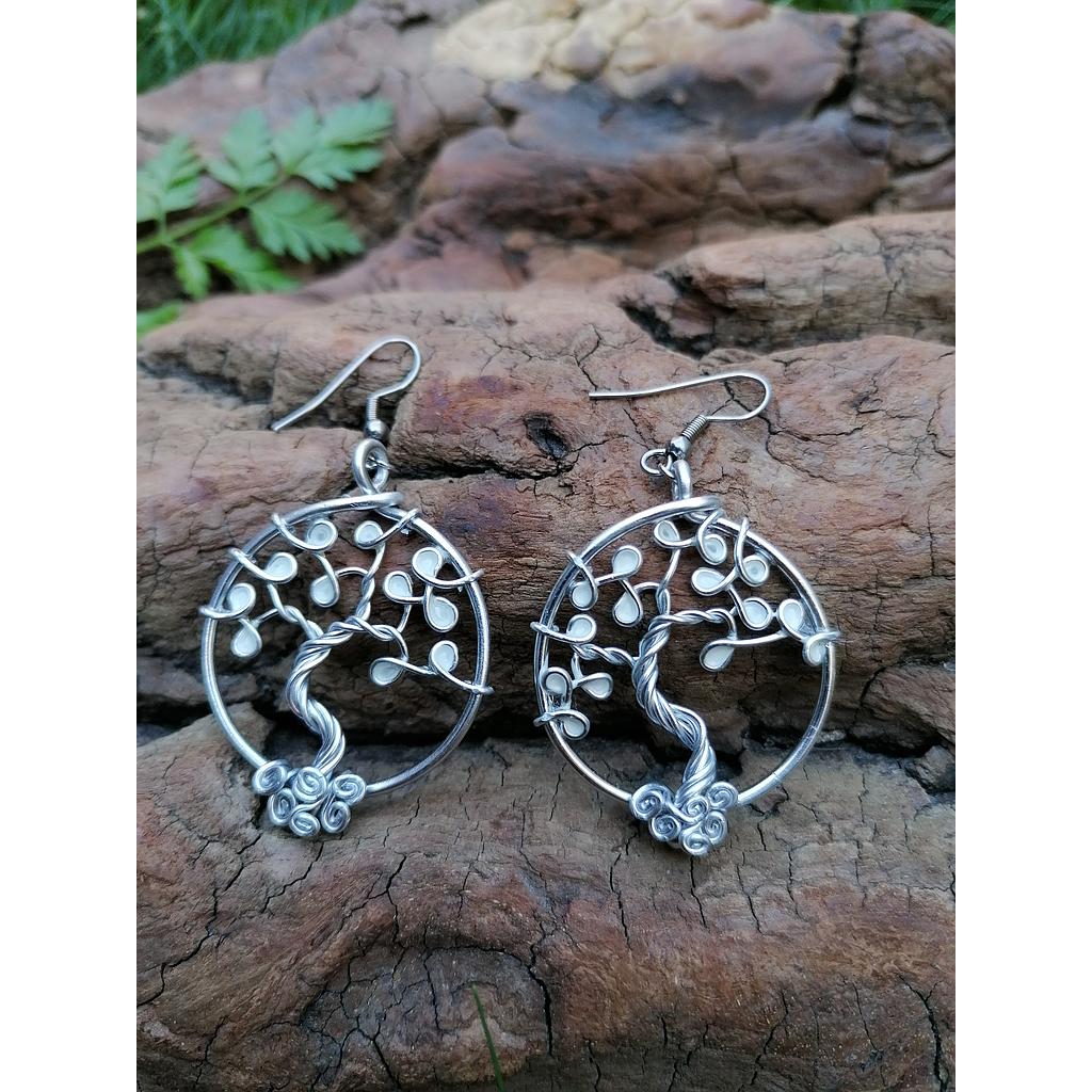 Boucles d'oreilles Arbre de Vie - Fil Argenté - Feuilles blanches