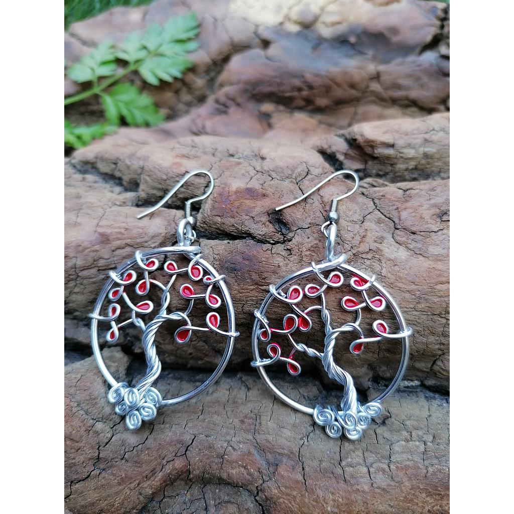 Boucles d'oreilles Arbre de Vie - Fil Argenté - Feuilles rouges (unies)